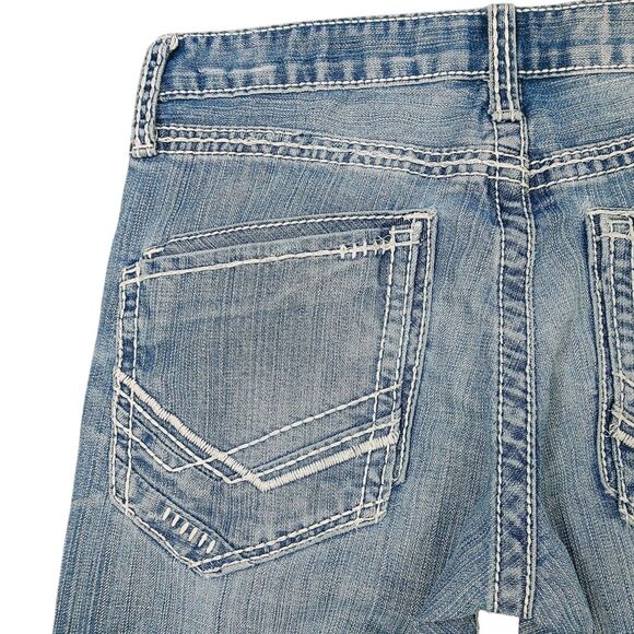 BKE Fulton Mens 31R Denim Blue Jeans Bootcut Medium Wash Thick Stitch Cowboy - Picture 9 of 16